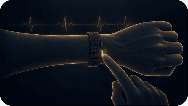 A hand touching the NeuroAtlas band on a wrist, with a heartbeat waveform above